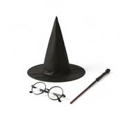 GMM Wizard Costume Set Black Witch Hat Wand Round Glasses 3 Piece Fancy Dress Set