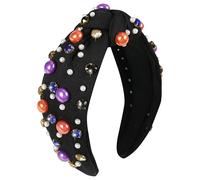 Gmmidea Halloween Pearl Knotted Headbands for Women Sparkly Beaded Crystal Embellished Headband Wide Top Knot Black Pumpkin Hairband Fancy Girls Halloween Hair Accessories Outfits