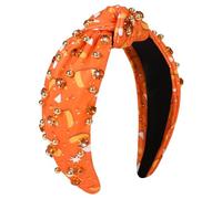 Gmmidea Halloween Pearl Knotted Headbands for Women Sparkly Beaded Crystal Embellished Headband Wide Top Knot Black Pumpkin Hairband Fancy Girls Halloween Hair Accessories Outfits