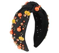Gmmidea Halloween Pearl Knotted Headbands for Women Sparkly Beaded Crystal Embellished Headband Wide Top Knot Black Pumpkin Hairband Fancy Girls Halloween Hair Accessories Outfits