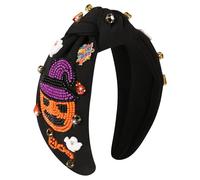 Gmmidea Halloween Pumpkin Headband for Women Pumpkin Halloween Accessories Beaded Rhinestone Jeweled Knotted Headband Fashion Twist Wide Black Embellished Hairband, (Boo & Pumpkin)-Black, 1 Count