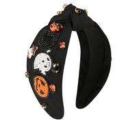 Gmmidea Halloween Pumpkin Headband for Women Pumpkin Halloween Accessories Beaded Rhinestone Jeweled Knotted Headband Fashion Twist Wide Black Embellished Hairband, (Ghost & Pumpkin)-Black 2, 1 Count