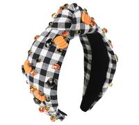 Gmmidea Halloween Pumpkin Headbands for Women Girls Halloween Accessories Outfits Sparkly Rhinestone Jeweled Knotted Headband Fashion Wide Twisted Black and White Plaid Hairband