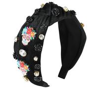 Gmmidea Halloween Skull Headband for Women Black Knotted Velvet Headband Wide Top Knot Crystal Rose Flower Embellished Hairband Halloween Hair Accessories Spooky Costume Gifts