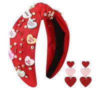 Gmmidea Valentine’s Day Candy Heart Headbands for Women Red Pink Love Conversation Heart Headband Rhinestone Jeweled Knotted Headband Valentines Day Gifts Party Hair Accessories