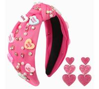 Gmmidea Valentine’s Day Candy Heart Headbands for Women Red Pink Love Conversation Heart Headband Rhinestone Jeweled Knotted Headband Valentines Day Gifts Party Hair Accessories