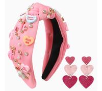 Gmmidea Valentine’s Day Candy Heart Headbands for Women Red Pink Love Conversation Heart Headband Rhinestone Jeweled Knotted Headband Valentines Day Gifts Party Hair Accessories