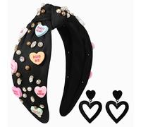 Gmmidea Valentine’s Day Candy Heart Headbands for Women Red Pink Love Conversation Heart Headband Rhinestone Jeweled Knotted Headband Valentines Day Gifts Party Hair Accessories