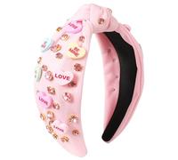 Gmmidea Valentine’s Day Headband for Women Candy Love Conversation Heart Headband Jeweled Beaded Heart Knotted Headband Sparkly Red Pink Rhinestone Hairband Valentines Accessories Gifts
