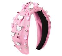 Gmmidea Valentines Knotted Headband for Women Valentine’s Day Gifts Heart Hair Accessories Rhinestone Crystal Red Pink Heart Headband Jeweled Wide Knot Headband Galentines Day Party Favors