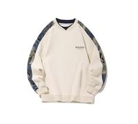 GMOYD Men Colorblocked Patchwork Collar V-Neck Sweatshirt Letters Embroidered Pullover, Hw24058beige, Medium