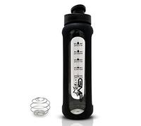 GMP star Sports Borosilicate Glass Water Bottle for Hot and Cold with Black Silicone Sleeve and Protein Shaker Whisk 600ml UK Company