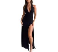 GMQWRK Casual Halter Neck Maxi Dresses for Women UK Deep Plunge V-Neck Sleeveless Backless Dress with High Slit & Back Tie Bow Holiday Open Back Dresses Summer Beach Long Sundress Black