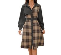 GMQWRK Corduroy Midi Dresses for Women UK Stylish Plaid Checkered Pattern Patchwork Long Sleeve Dress with Shirt Collar & Belt Colour Block Button Front Dress Fall Winter Spring Daily Wear Dark Gray