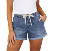GMQWRK Jeans for Women UK Fashion Denim Shorts with Pockets Folded Hemline Casual Summer Tie Elastic Waist Short Jeans Women's Drawstring High Waisted Shorts 2026 Everyday Daily Wear