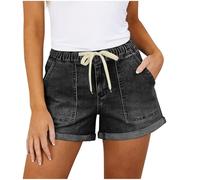 GMQWRK Jeans for Women UK Fashion Denim Shorts with Pockets Folded Hemline Casual Summer Tie Elastic Waist Short Jeans Women's Drawstring High Waisted Shorts 2026 Everyday Daily Wear