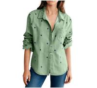 GMQWRK Long Sleeve Shirt for Women UK Hearts Pattern Casual Loose Button-Down Shirts Front Pocket Collared Neck Print Tunic Tops Curvy Ladies Longline Blouse Summer Holiday Beach Cover Ups Army Green