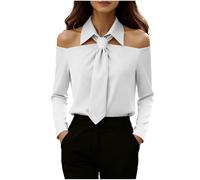 GMQWRK Off Shoulder Blouses for Women UK 2PC Black Shirt & Tie Set Long Sleeve Pullover Shirts with Detachable Fake Collar White Khaki Off the Shoulder Tops Necktie Casual Fall Outfits