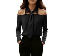 GMQWRK Off Shoulder Blouses for Women UK 2PC Black Shirt & Tie Set Long Sleeve Pullover Shirts with Detachable Fake Collar White Khaki Off the Shoulder Tops Necktie Casual Fall Outfits