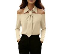 GMQWRK Off Shoulder Blouses for Women UK 2PC Black Shirt & Tie Set Long Sleeve Pullover Shirts with Detachable Fake Collar White Khaki Off The Shoulder Tops Necktie Casual Fall Outfits