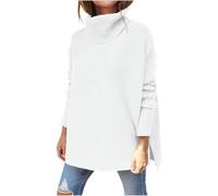 GMQWRK Oversized Turtle Neck Jumper for Women UK Fall Winter Long Sleeve Knitted Pullover with Hi-Lo & Split Hem Casual Loose-Fit Knit Sweater Ladies Longline Shirt Blouse Tops Knitwear White