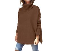 GMQWRK Oversized Turtle Neck Jumper for Women UK Fall Winter Long Sleeve Knitted Pullover with Hi-Lo & Split Hem Casual Loose-Fit Knit Sweater Ladies Longline Shirt Blouse Tops Knitwear Brown