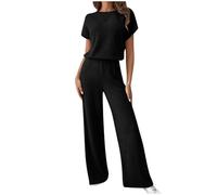 GMQWRK Pyjama Sets for Petite Women Short Sleeve Pyjama Tops Matching Bottoms Nightwear Casual Lightweight Textured Knit Trousers 2 Piece Sleep Outfits Sleepwear Loungewear Homewear Black
