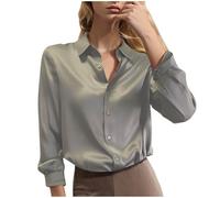 GMQWRK Satin Blouses for Women UK Elegant Smart Silk Long Sleeve Button-Down Shirts Black Shirt Womens Office Work Cream Blouse Women's Blouses & Shirts Casual Loose Collared Neck Tunic Tops