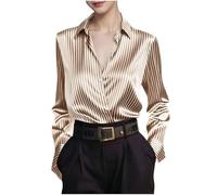 GMQWRK Striped Shirts for Women UK Stylish Long Sleeve Satin Blouse Elegant Collared V-Neck Button-Down Shirts Stripe Print Casual Business Tops with Collar Ladies Office Work Blouses Khaki