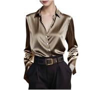 GMQWRK Striped Shirts for Women UK Stylish Long Sleeve Satin Blouse Elegant Collared V-Neck Button-Down Shirts Stripe Print Casual Business Tops with Collar Ladies Office Work Blouses Brown