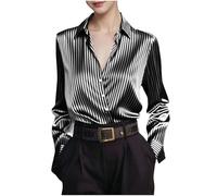 GMQWRK Striped Shirts for Women UK Stylish Long Sleeve Satin Blouse Elegant Collared V-Neck Button-Down Shirts Stripe Print Casual Business Tops with Collar Ladies Office Work Blouses Gray