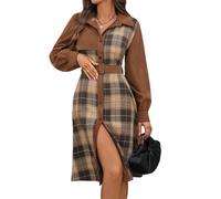 GMQWRK Women Corduroy Midi Dresses Plaid Checkered Pattern Patchwork Long Sleeve Collared Collar Dress with Belt Colour Block Button Front Tie Waist Dress Fall Winter Spring Shirt Dresses Brown