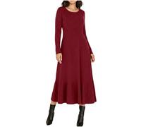 GMQWRK Women Long Sleeve Crew Neck Knit Dresses Flowy Tiered A-Line Midi Dress with Ruffle Hem Casual Slim-Fit Soft Knitted Jumper Dresses Fall Spring Lightweight Empire Waist Sweater Dress Wine
