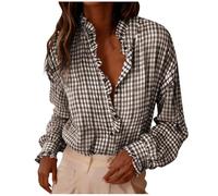 GMQWRK Women Long Sleeve Plaid Shirts Frill Ruffle V-Neck Button-Down Shirt with Collar & Pleated Back Loose-Fit Casual Checkered Pattern Tops Blouses Lightweight Summer Fall Spring Tops Coffee
