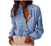 GMQWRK Women Long Sleeve Plaid Shirts Frill Ruffle V-Neck Button-Down Shirt with Collar & Pleated Back Loose-Fit Casual Checkered Pattern Tops Blouses Lightweight Summer Fall Spring Tops Blue