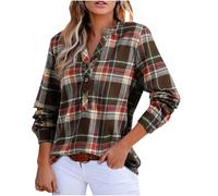 GMQWRK Women Long Sleeve Shirt Vintage Classic Plaid Notch V-Neck Shirts with Pleated Back & Button Cuffs Lightweight Fall Spring Casual Tops Ladies Check Shirts Collarless Blouse Pullover Brown