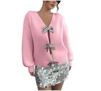 GMQWRK Women Oversized Reversible Jumper Sexy V-Neck & Round Neck 2-in-1 Design Fall Casual Knitted Shirts Open Front Tops with Sequin Bow Detail Lantern Sleeve Knit Sweater Knitwear Pink