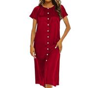 GMQWRK Women Satin Nightdress Short Sleeve Nightgown Crew Neck Button Open Front Midi Dress with Pleated Detail Nightwear Silky Negligee Chemises Nighties Summer Casual Lounge Sleep Wear