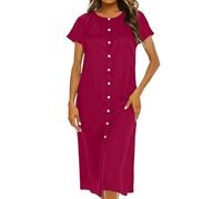 GMQWRK Women Satin Nightdress Short Sleeve Nightgown Crew Neck Button Open Front Midi Dress with Pleated Detail Nightwear Silky Negligee Chemises Nighties Summer Casual Lounge Sleep Wear