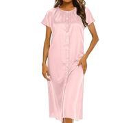 GMQWRK Women Satin Nightdress Short Sleeve Nightgown Crew Neck Button Open Front Midi Dress with Pleated Detail Nightwear Silky Negligee Chemises Nighties Summer Casual Lounge Sleep Wear
