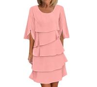 GMQWRK Women Summer Short Dresses Elegant 3/4 Sleeve Layered Dress with Chiffon Ruffle Overlay Teen Girls Wedding Party Dresses Black Church Funeral Dress Special Occasion Work Casual Wear