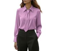 GMQWRK Women Tie Neck Blouse Collared Neck Tops Long Sleeve Pullover Shirts with Necktie Collar & Button Cuff Ladies Office Work Blouses Smart Elegant Back-to-School Shirts Casual Wear Purple