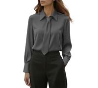 GMQWRK Women Tie Neck Blouse Collared Neck Tops Long Sleeve Pullover Shirts with Necktie Collar & Button Cuff Ladies Office Work Blouses Smart Elegant Back-to-School Shirts Casual Wear Gray