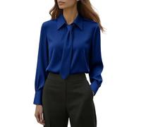 GMQWRK Women Tie Neck Blouse Collared Neck Tops Long Sleeve Pullover Shirts with Necktie Collar & Button Cuff Ladies Office Work Blouses Smart Elegant Back-to-School Shirts Casual Wear Blue