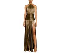 GMQWRK Women's Evening Gowns Luxury Sparkly Satin Halter Neck Maxi Dresses with High Slit Pleated Hem Stylish Sleeveless Backless Formal Wedding Guest Dress Petite Sizes Cocktail Party Dress Bronze