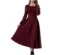 GMQWRK Women's Knitted Dresses Trendy Long Sleeve Floway A-Line Midi Dress Soft Textured Knit Jumper Dresses for Ladies UK Crew Neck Sweater Dress Winter Spring Fall Casual Daily Wear Wine