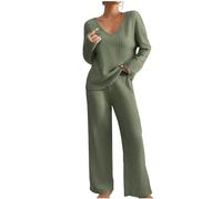 GMQWRK Women's Pyjama Sets Soft Plush Textured Knit 2 Piece Nightwear Outfits Loungewear V-Neck Knitted Pullover Tops & Wide Leg Trousers Casual Loose Oversized Jumpers Pyjama Bottoms