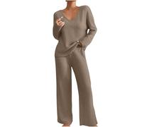 GMQWRK Womens Pyjamas Set Nightwear Ladies Textured Knit 2 Piece Outfits Loungewear Sets Leisure Suits Homewear V Neck Long Sleeve Jumpers and Wide Leg Trousers Casual Knitted Tops Bottoms Brown