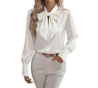 GMQWRK Women's Silky Satin Blouses Bow Tie Neck Long Sleeve Silk Tops with Double Cuff Elegant Ladies Business Casual Work Office Pullover Shirt Dressy Evening Party Birthday Blouse White