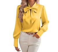 GMQWRK Women's Silky Satin Blouses Bow Tie Neck Long Sleeve Silk Tops with Double Cuff Elegant Ladies Business Casual Work Office Pullover Shirt Dressy Evening Party Birthday Blouse Yellow